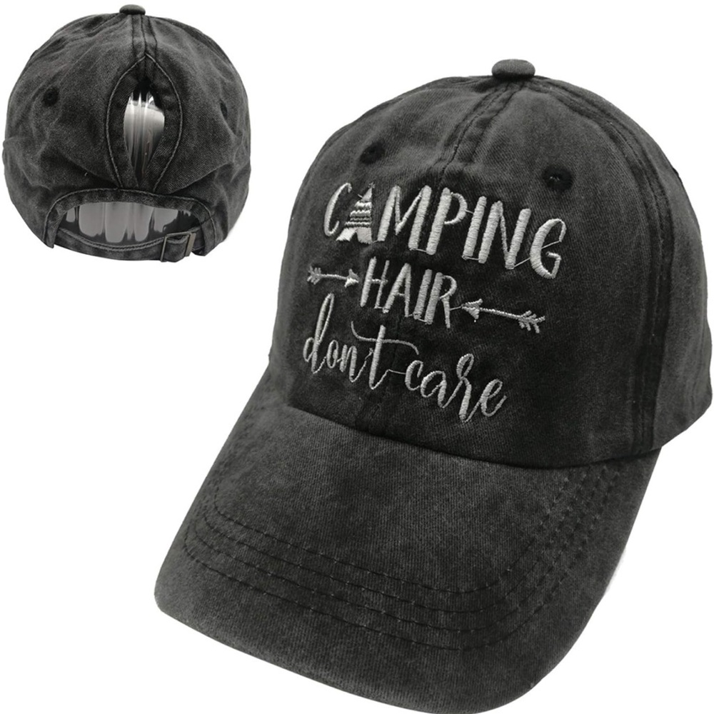 Camping Hair Don’t Care Vintage Grey Wash Hat with Ponytail Hole
